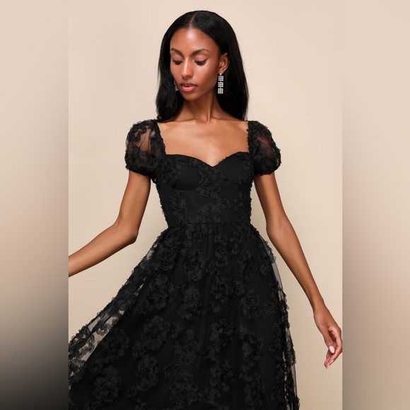 Lulus Notable Elegance Black Mesh Floral Applique Bustier Midi Dress - Picture 8 of 12